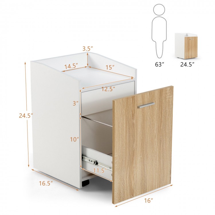 Mobile file cabinet in white with two drawers, featuring wheels for easy movement and a spacious top for office.